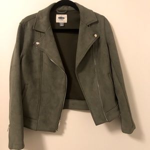 Faux Suede Olive Green Moto Jacket, Size Small